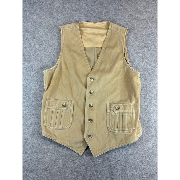 Vintage 80s Lee Utility Cargo Button Up Vest Mens 38 Tan Work Outdoor Fishing - Picture 1 of 7